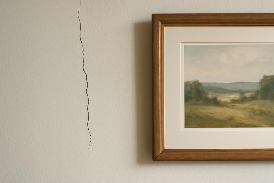 A narrow hairline crack on a painted interior wall beside a framed print