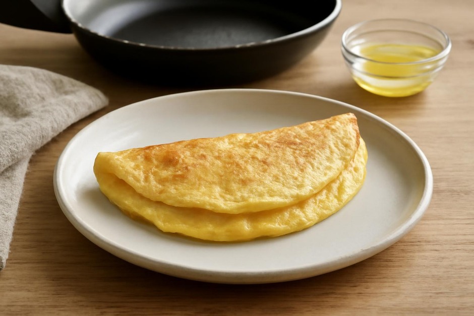 A simple omelette folded neatly on a plate